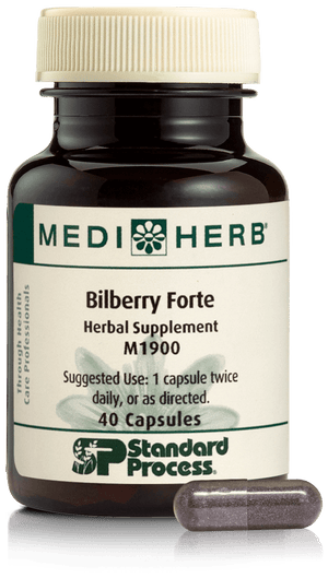 An image of herbal supplement Bilberry Forte next to a capsule.