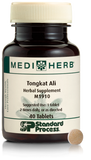 A bottle of MediHerb® Tongkat Ali, a testosterone support supplement for older men, next to a tablet of the supplement.